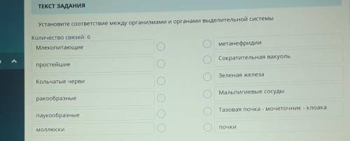 Установите соответствие между организмами и органами выдилительной системы​