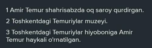 1. Amir Temur qanday buyuk ishlarni amalga oshirgan? 2. Qaysi tarixiy obidalar Amir Temur nomi bilan