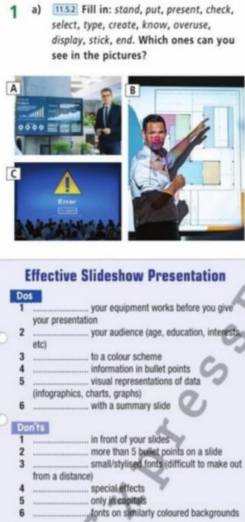 Fill in: stand, put, present, check, select, type, create, know, overuse, display, stick, end. Which