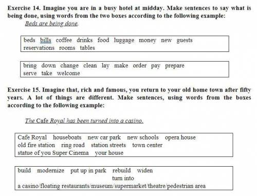 Exercise 14. Imagine you are in a busy hotel at midday. Make sentences to say what is being done, us