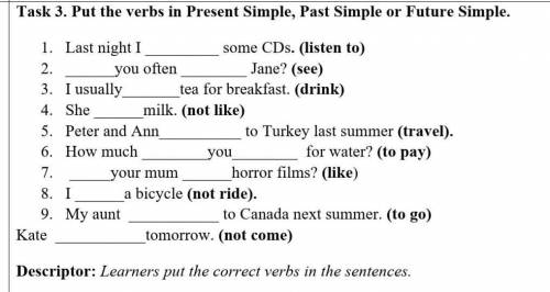 Put the verbs in Present Simple, Past Simple or Future Simple. (HELP!)​