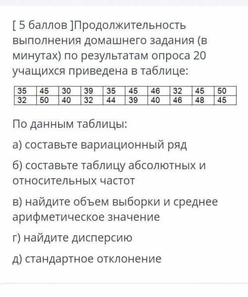 ]Продолжительность выполнения домашнего задания (в минутах) порезультатам опроса 20 учащихся приведе