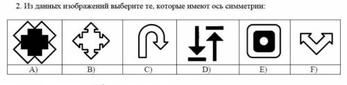 2. Из данных изображений выберите те, которые имеют ось симметрии: А) B) C) D) E) F)​