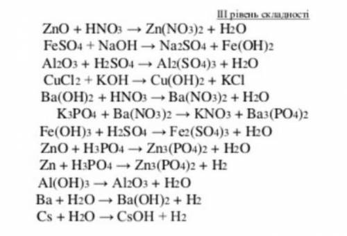 І рівень складності ZnO + HNO3 → Zn(NO3)2 + H2O FeSO4 + NaOH → Na2SO4 + Fe(OH)2 Al2O3 + H2SO4 → Al2(