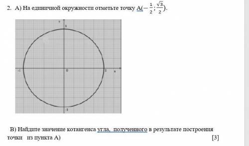 А) На единичной окружности отметьте точку А(-1/2;√3/2). В) Найдите значение котангенса угла, получен