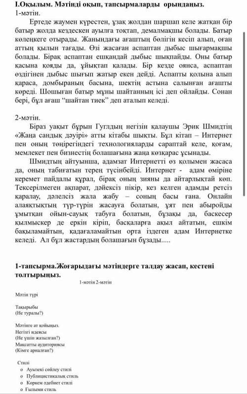 . 1-тапсырма.Жоғарыдағы мәтіндерге талдау жасап, кестені толтырыңыз. 1-мәтін 2-мәтін Мәтін түрі Та