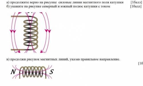 А) продолжите верно на рисунке силовые линии магнитного поля катушки ​