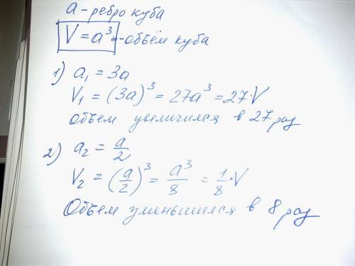 Как изменится объём куба если его ребро увеличить в 3 раза; уменьшить в 4 раза.