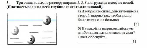 Три одинаковых по размеру шарика, 1, 2, 3, погружены в сосуд с водой. (Плотность воды на всей глубин