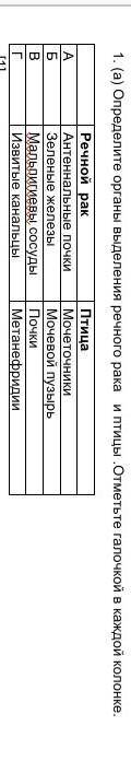 1. (а) Определите органы выделения речного рака и птицы .Отметьте галочкой в каждой колонке. Речной