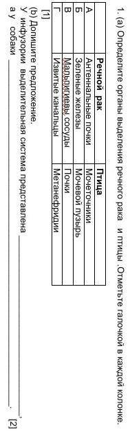 1. (а) Определите органы выделения речного рака и птицы .Отметьте галочкой в каждой колонке. Речной