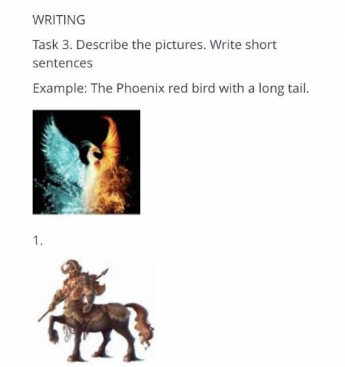 Describe the pictures.Write short sentences example the phoenix red bird with a long tail