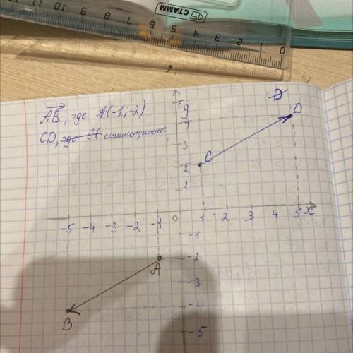 правильно? условие изобразите вектор АВ с координатами А (-1;-2) и В (-5;-4) и постройте СД симметри
