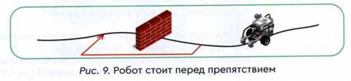 Робот с одним датчиком цвета при движении вдоль линии встретил перед собой препятсвие (рис.9). Какие