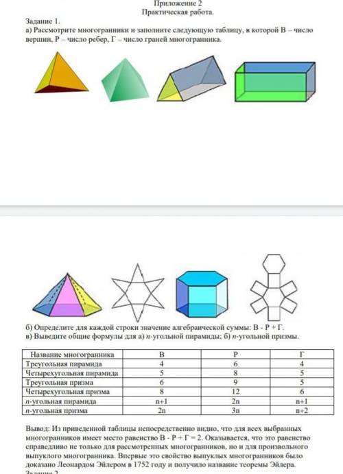 Задание 1. а) Рассмотрите многогранники и заполните следующую таблицу, в которой В – число вершин, Р