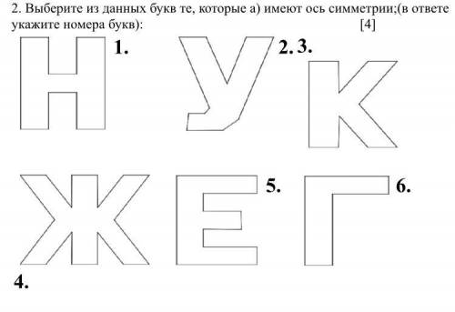 Выберите из данных букв те, которые а) имеют ось симметрии;(в ответе укажите номера букв):