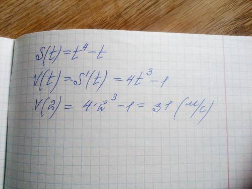 Тіло рухається за законом s(t)=t^4-t. Знайти швидкість (в метрах) цього тіла в момент часу t=2с