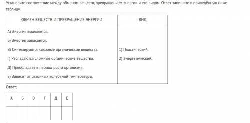 Установите соответствие между обменом веществ, превращением энергии и его видом. ответ запишите в пр