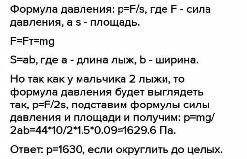 Мальчик массой 44 кг стоит на лыжах. Длина каждой лыжи равна 1,3 м, ширина равна 8 см. Какое давлени