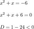 \displaystyle x^2+x=-6\\\\x^2+x+6=0\\\\D=1-24