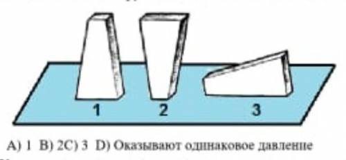 В каком положении брусок оказывает наибольшее давление на опору? А) 1В) 2С) 3D) оказывают одинаковое