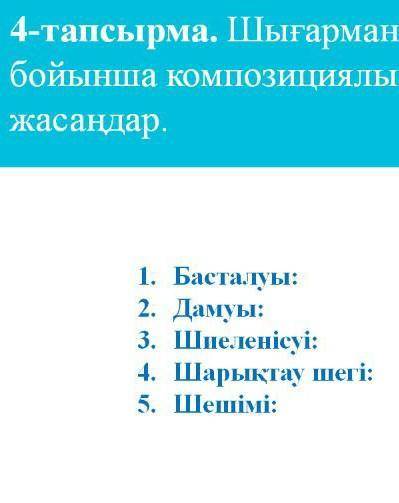 4-тапсырма. Шығарманың сюжеті бойынша композициялық талдаужасаңдар.1. Басталуы:2. Дамуы:3. Шиеленісу