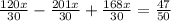 \frac{120x}{30} -\frac{201x}{30} +\frac{168x}{30} =\frac{47}{50}