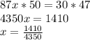 87x*50=30*47\\4350x=1410\\x=\frac{1410}{4350}