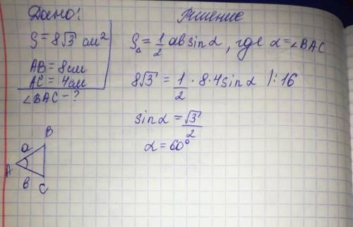 Площадь треугольника ABC равна 8 см. AB =8 см AC =4 см .Найдите величину угла BAC ​