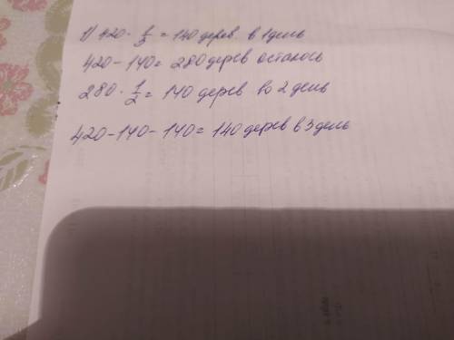 Реши задачю с пояснением. За три дня посадили 420 деревьев. В первый день посадили Дробь: числитель
