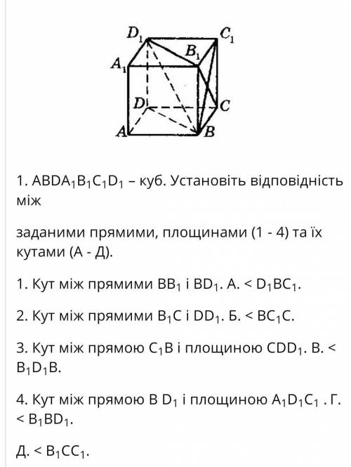 АВСDA1B1C1D1-куб Установіть відповідність між заданими прямими,площинами 1-4 та їх кутами А-Д на зав