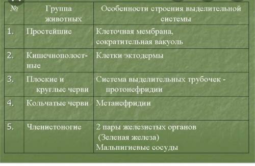 Напишите в таблицу органы выделения систематических групп животных ПростейшиеКишечнополостныеПлоские