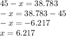 45 - x = 38.783 \\ - x = 38.783 - 45 \\ - x = - 6.217 \\ x = 6.217