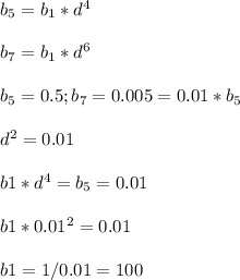 b_5 = b_1 * d^4\\\\b_7 = b_1*d^6\\\\b_5 = 0.5; b_7 = 0.005 = 0.01 * b_5\\\\d^2 = 0.01\\\\b1*d^4 = b_5 = 0.01\\\\b1*0.01^2 = 0.01\\\\b1 = 1/0.01 = 100