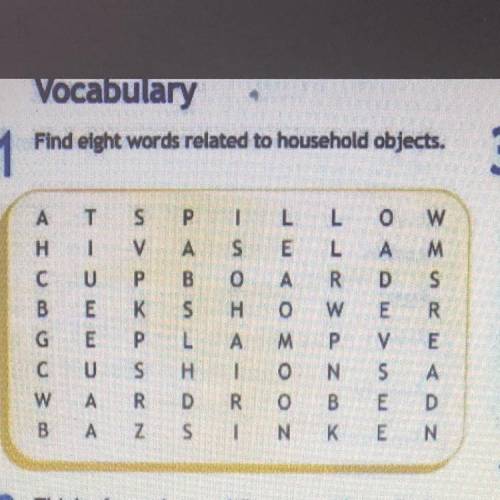 1 Find eight words related to household objects. A T S P1 H 1 TV VA S E CU 0 P р во A R Β Ε Κ S H W