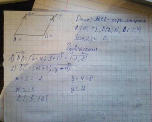 дано координати трьох вершин паралелограма АВСD A(0;-2;5) B(-4;2;3). Використовуючи вектори, знайдіт