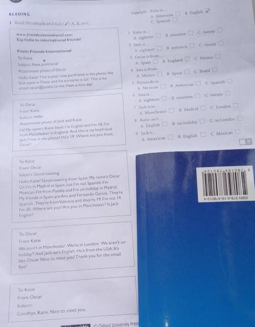 READING 1 Read the emails and tick A, B, or C.Example: Katie is...A AmericanC. SpanishB English ✓www