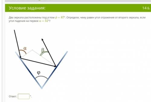 Два зеркала расположены под углом ϕ = 87°. Определи, чему равен угол отражения от второго зеркала, е