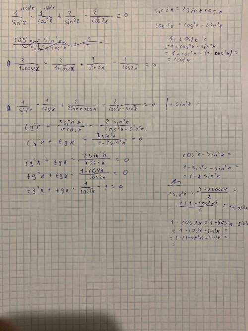 решить тригонометрическое уравнение 1/sin^2(x)-1/cos^2(x)+2/sin(2x)-2/cos(2x)=0 Может мои наброски