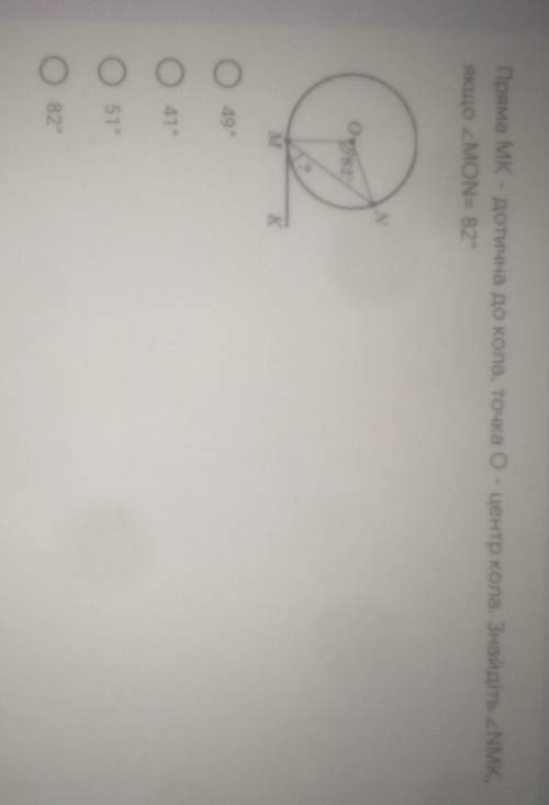 Пряма МК дотична до кола точка О центр кола знайдіть кут NMK якщо кут MON=82°​