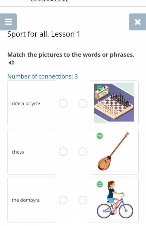 Sport for all. Lesson 1 Match the pictures to the words or phrases.Number of connections: 3ride a bi