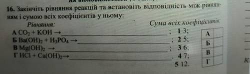 16. Закінчіть рівняння реакцій та встановіть відповідність між рівнян- ням і сумою всіх коефіцієнтів