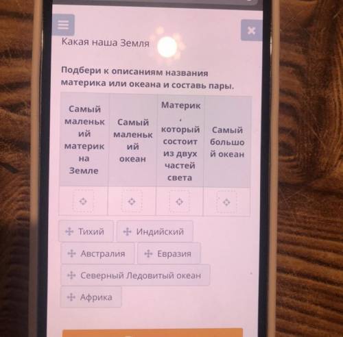 Какая наша Земля Подбери к описаниям названия материка или океана и составь пары. Материк Самыі мале