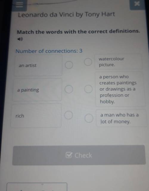 Match the words with the correct definitions. Number of connections: 3watercolourpicture.an artista