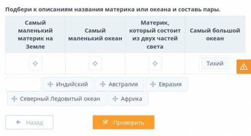 Подбери к описаниям названия материка или океана и составь пары. Самый маленький материк на ЗемлеСам