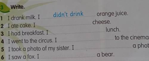 3 Write.1 I drank milk. Ididn't drink2 I ate cake. I3 I had breakfast. I4 I went to the circus. I5 I