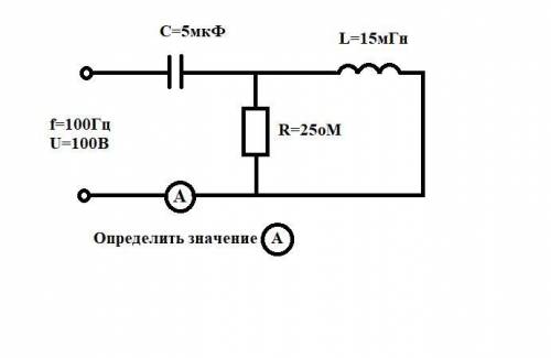 F = 100 Гц С = 5 мкФL = 15 мГнR = 25 оМU = 100 BОпределить значение Амперметра