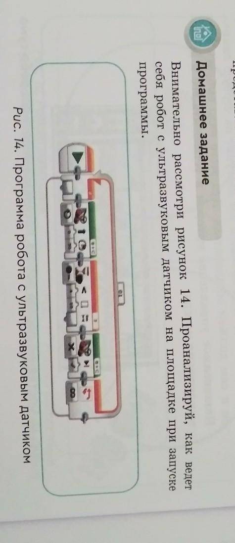Домашнее задание Внимательно рассмотри рисунок 14. Проанализируй, как ведетсебя робот с ультразвуков