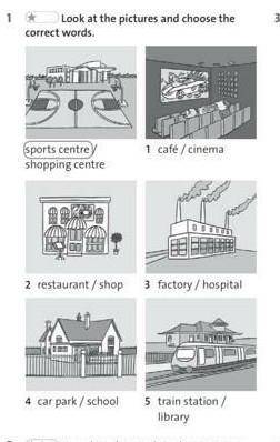 1 * Look at the pictures and choose the correct words. sports centre shopping centre 1 cafe / cinema