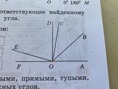 По рисунку найди величины углов: AOB- BOE- AOF- AOD- COF- EOC- Какие из этих углов являются острыми,